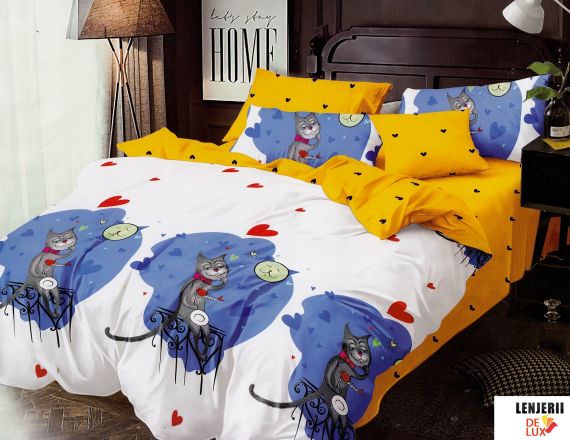 Oferta TRIO Lenjerie de pat din finet cu pisicuta si inimioare formata din 6 piese