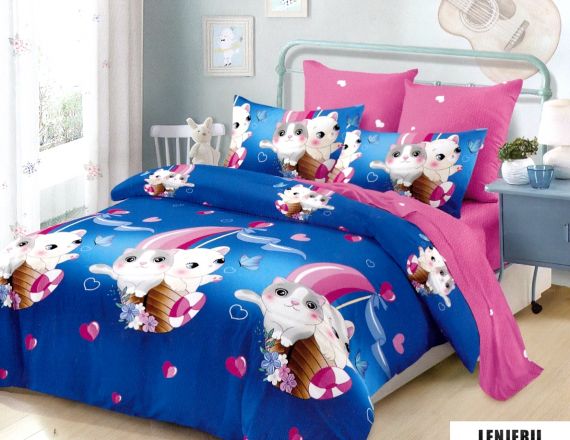 1+1 GRATIS Lenjerie de pat din finet cu pisicute si inimioare formata din 6 piese
