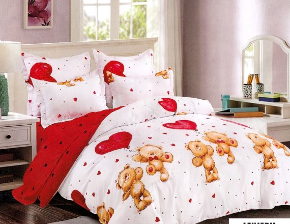 Lenjerie de pat alba din finet pentru copii cu ursuleti si inimioare formata din 6 piese