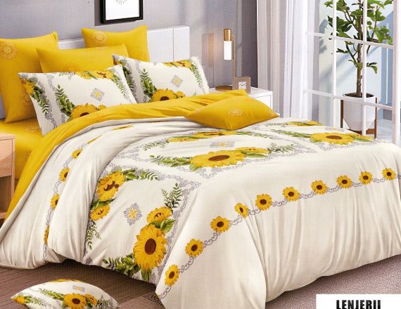 PILOTA+2 PERNE+Lenjerie de pat din finet Pucioasa cu floarea soarelui formata din 6 piese