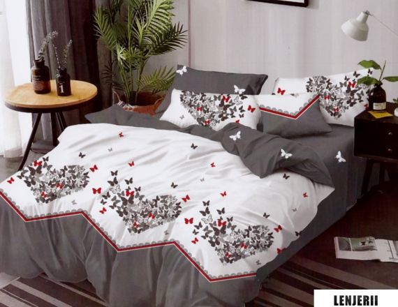Lenjerie de pat din finet Pucioasa cu fluturi gri formata din 6 piese