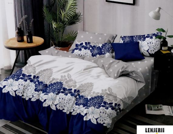 Lenjerie de pat din finet Pucioasa cu frunze imprimate formata din 6 piese