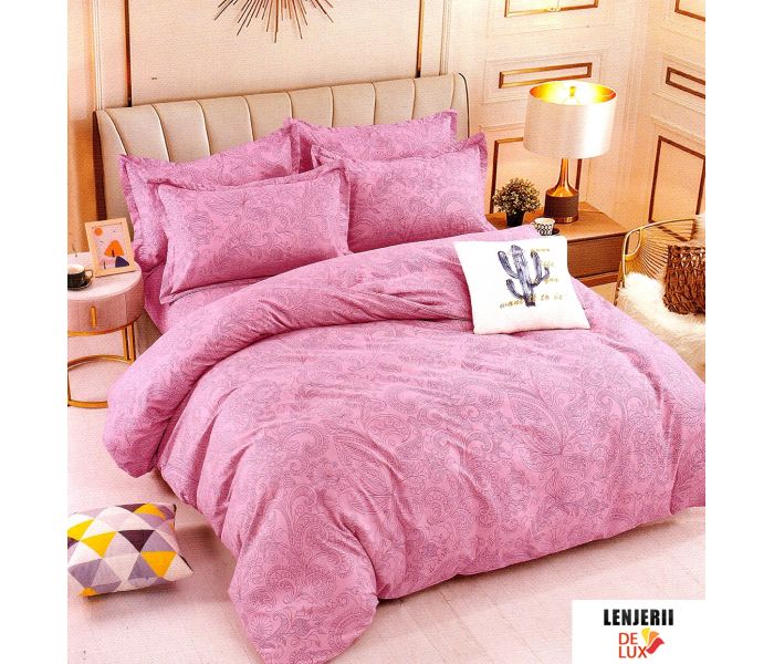 Lenjerie de pat din finet roz cu imprimeuri formata din 6 piese