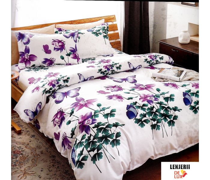 Lenjerie de pat alba cu flori mov din bumbac tip finet pentru o persoana formata din 4 piese 