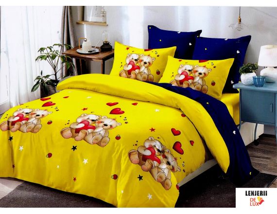 Lenjerie de pat galbena pentru copii Pucioasa din finet cu ursuleti formata din 6 piese