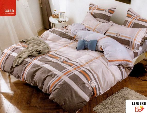 Lenjerie de pat in carouri din bumbac satinat Casa New Concept formata din 6 piese