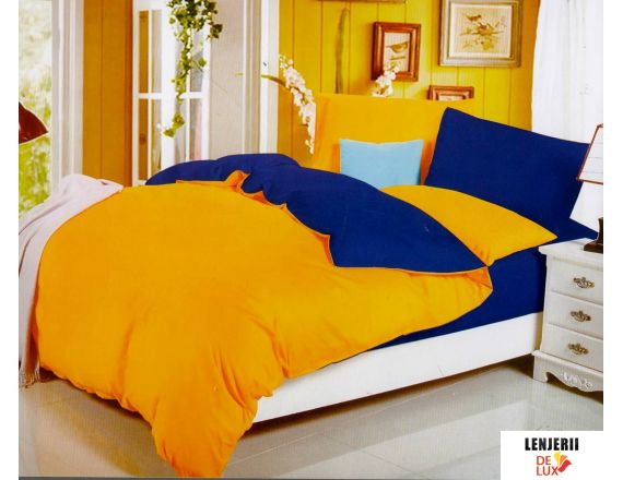 Lenjerie de pat in combinatie de galben cu albastru Casa New Fashion 4 piese