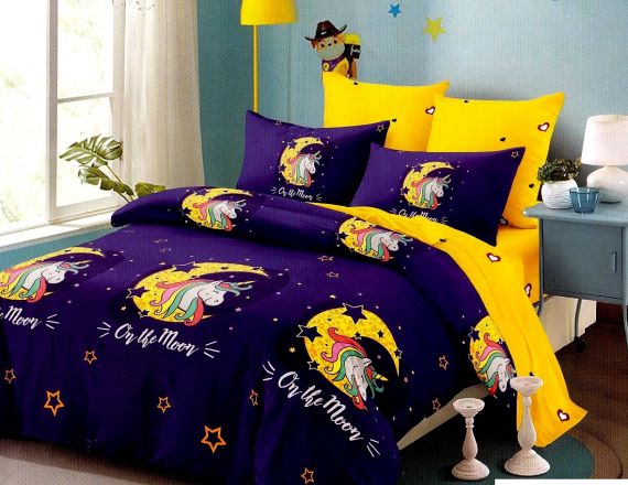 Lenjerie de pat mov din finet cu unicorn pentru copii formata din 6 piese