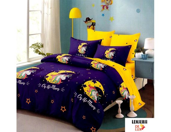 PILOTA + 2 PERNE + Lenjerie de pat mov din finet cu unicorn pentru copii formata din 6 piese