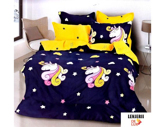 Lenjerie de pat pentru copii cu unicorn din finet formata din 6 piese