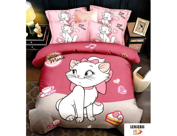 1+1 Gratis Lenjerie de pat pentru copii premium din finet cu pisicuta Marie formata din 6 piese