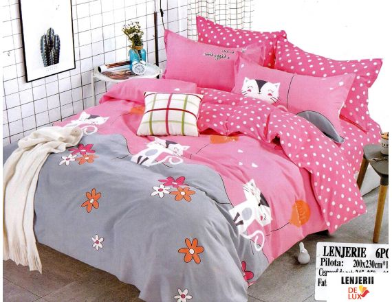 Lenjerie de pat pentru copii din finet satinat de culoare roz cu gri formata din 6 piese