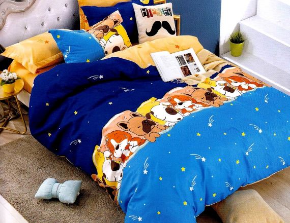 Lenjerie de pat pentru copii premium din finet cu catelusi somnorosi formata din 6 piese