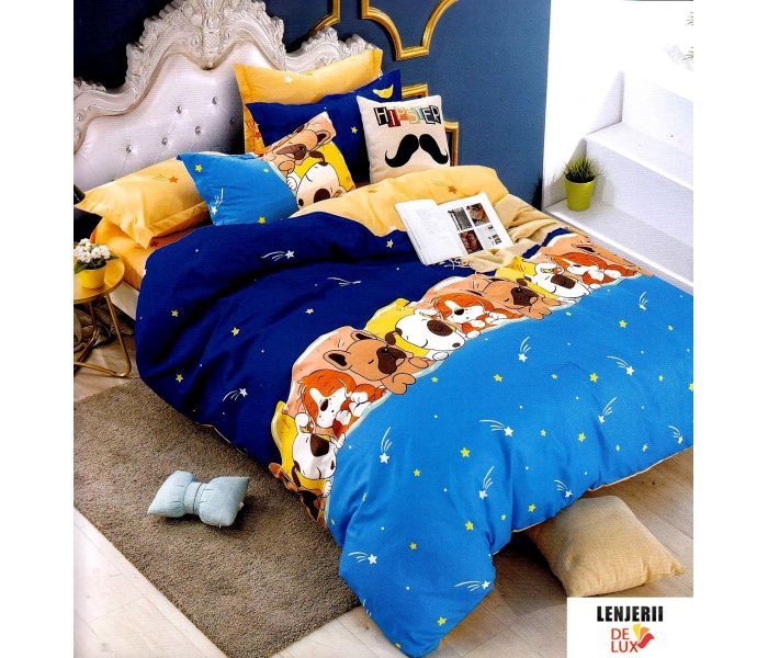 Lenjerie de pat pentru copii premium din finet cu catelusi somnorosi formata din 6 piese