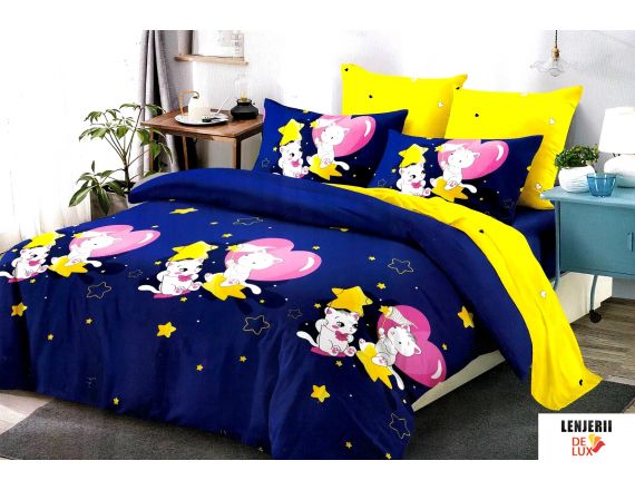 Lenjerie de pat pentru copii Pucioasa din finet cu pisicute formata din 6 piese