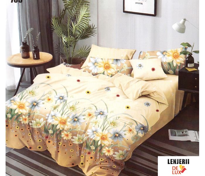 Lenjerie de pat Pucioasa din finet cu flori galbene formata din 6 piese