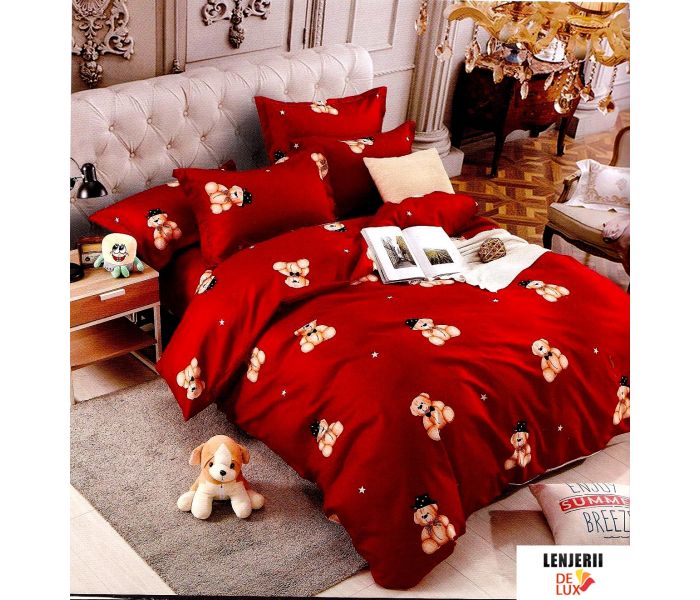 Lenjerie de pat rosie pentru copii din finet cu ursuleti formata din 6 piese