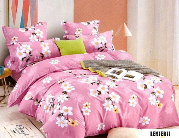 Lenjerie de pat cu elastic roz cu flori din bumbac satinat Casa New Concept formata din 6 piese