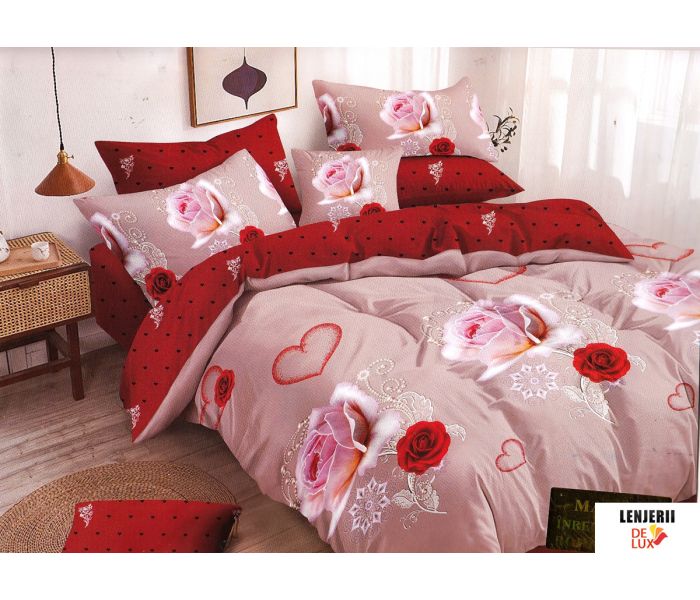LS Lenjerie de pat roz cu trandafiri din bumbac satinat formata din 6 piese 