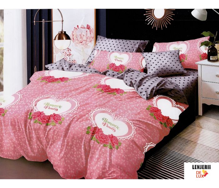 Oferta TRIO Lenjerie de pat roz din finet cu trandafiri formata din 6 piese
