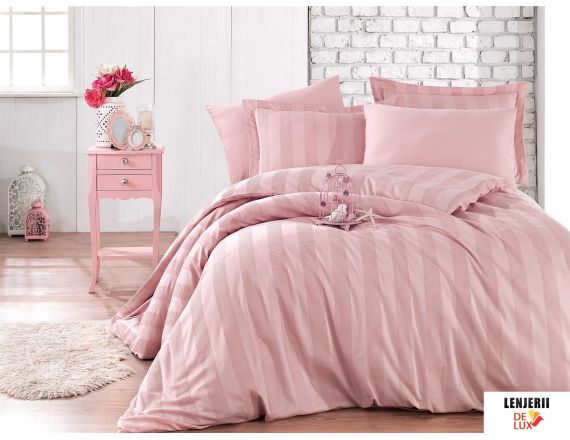 Lenjerie de pat roz pudrat din bumbac satinat Hobby 6 piese Wafel Powder