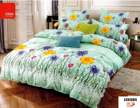 Oferta 1+1 Lenjerie de pat verde cu flori din bumbac satinat Casa New Concept formata din 6 piese