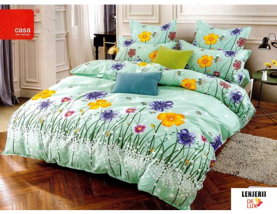 Oferta 1+1 Lenjerie de pat verde cu flori din bumbac satinat Casa New Concept formata din 6 piese