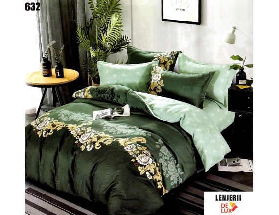 Lenjerie de pat verde cu flori din finet Pucioasa formata din 6 piese
