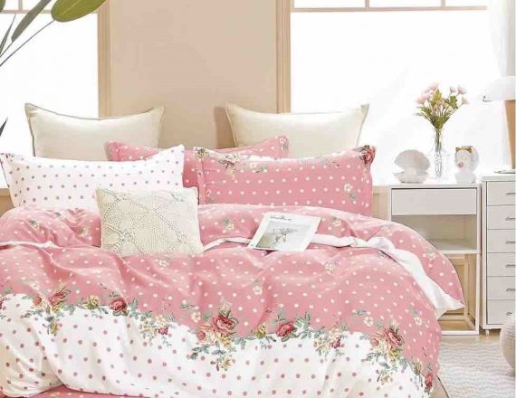 Lenjerie de pat pentru 1 persoana din finet roz pudra cu alb formata din 4 piese