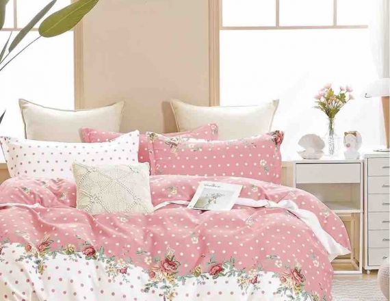 Lenjerie de pat pentru 1 persoana din finet pentru copii roz cu alb formata din 4 piese