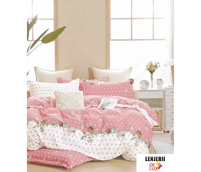 Lenjerie de pat pentru 1 persoana din finet pentru copii roz cu alb formata din 4 piese