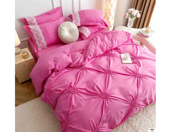 Lenjerie de pat din bumbac finet roz cu pliuri si broderie formata din 6 piese