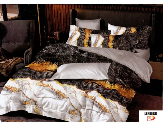 Lenjerie de pat alba cu gri si auriu din finet formata din 6 piese