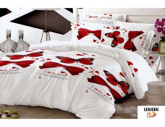 1+1 GRATIS Lenjerie de pat din finet alba cu fluturi rosii formata din 6 piese