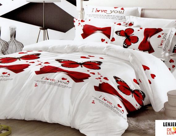 Oferta TRIO Lenjerie de pat din finet alba cu fluturi rosii formata din 6 piese