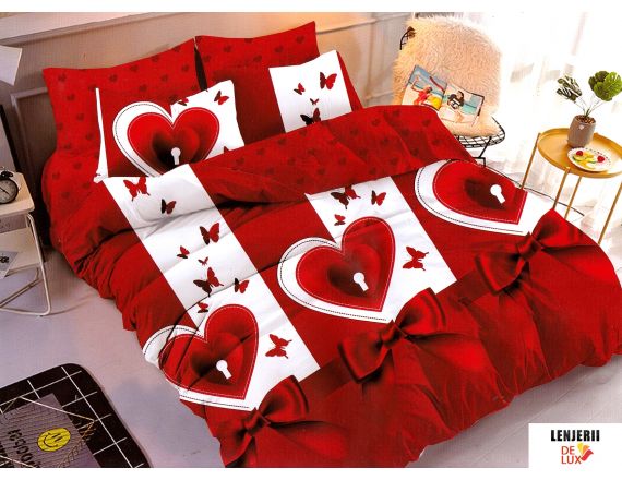 Oferta TRIO Lenjerie de pat din finet rosie cu inimioare formata din 6 piese